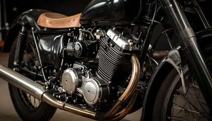 Fototapeta premium Close-up of a custom-built motorcycle, showcasing its engine and details