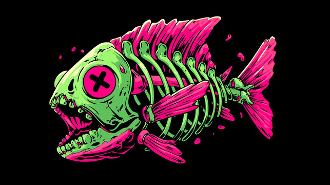 Zombie fish skeleton swimming with x mark on its eye
