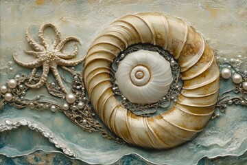 Obraz premium Elegant seashell and pearl decoration on blue textured background