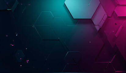 A dark blue and pink background with hexagons.