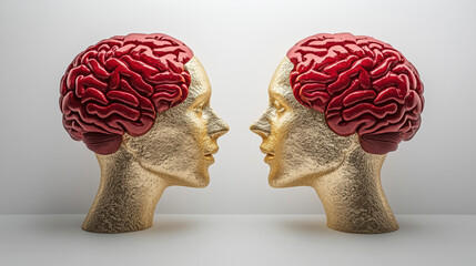 Two gold human heads facing each other with red brains against a white background. A symbol of connection and shared understanding between minds.