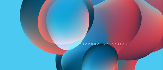 Abstract fluid shapes overlap, creating vibrant blue, red gradients. Modern design evokes movement, depth, smooth transitions. Background features text.