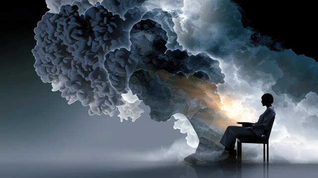 Silhouette of person sitting chair facing large abstract cloud resembling beta amyloid plaques glowing light with mental health