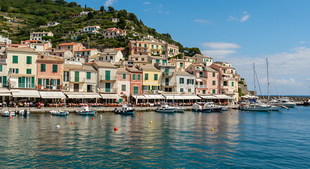 Fototapeta premium Colorful seaside village with boats along the waterfront and hillside homes