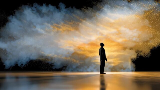 Silhouette of person stands contemplatively before glowing cloud of beta and amyloid particles with golden light forming human