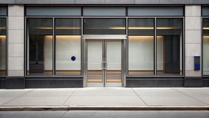 Fototapeta premium Modern glass storefront with minimalistic design and clean lines, featuring large windows and a prominent entrance.
