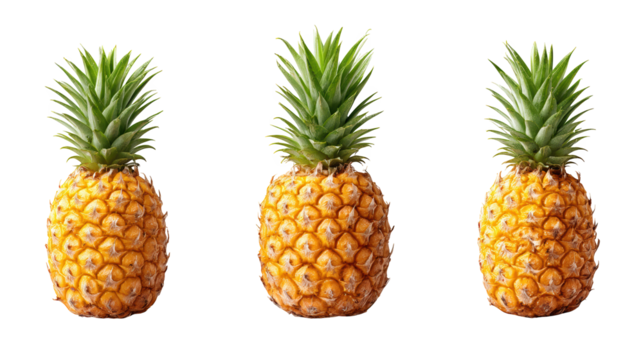 Three ripe pineapples on a dark background, tropical still life three
