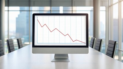 A modern conference room featuring a computer screen displaying a declining graph, symbolizing business challenges.
