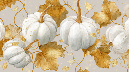 White pumpkins and gold leaves creating an elegant autumn seamless pattern