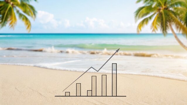 Beach scene with palm trees and a growth chart overlay, symbolizing business success and productivity in a tropical setting. - Powered by Adobe