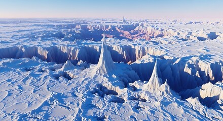 Rendered Icy Wasteland Abstract Landscape with Sharp Peaks and Deep Canyons
