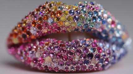 Lips covered in multicolored sapphires sparkling under the light