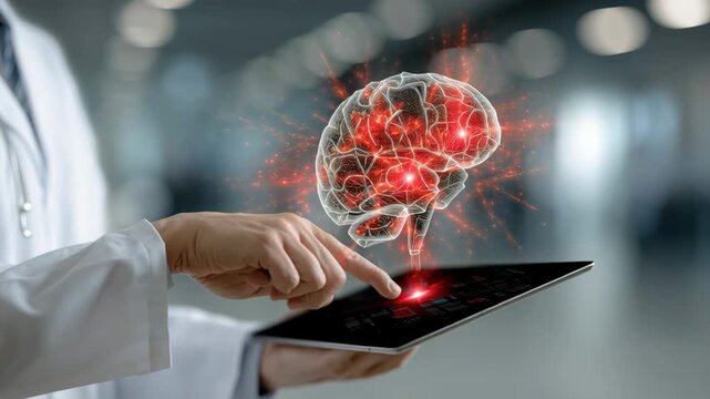 Medical professional using tablet with digital brain scan showing beta amyloid deposits and advanced medical technology