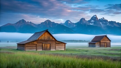 Fototapeta premium Rustic Wooden Barns in Foggy Valley with Grand Teton Mountains at Sunrise