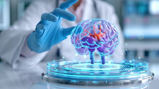 Holographic brain model displaying beta amyloid markers advanced neural medical research lab with cutting edge neuroscience