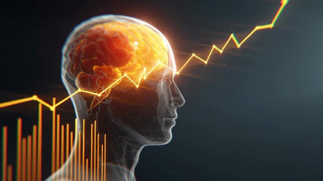 Beta amyloid impact brain function with glowing neural activity and data graph showing cognitive changes and growth research
