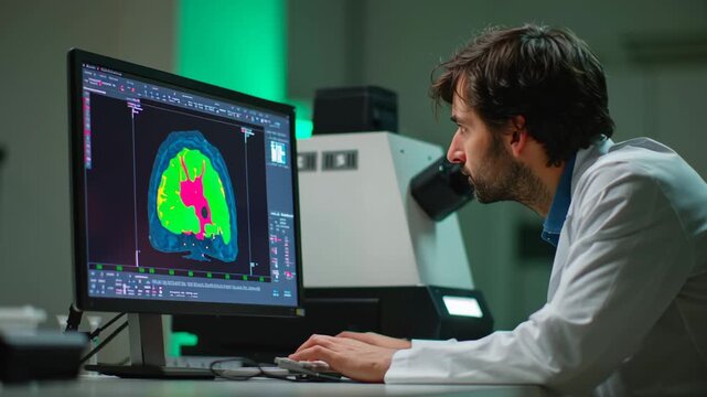 Scientist studies beta amyloid brain scan on computer screen in lab focused on neurological research and brain scan analysis