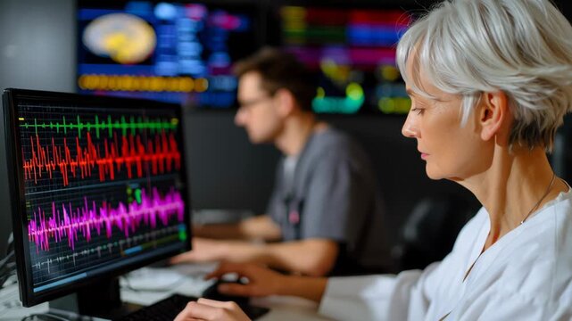 Focused scientist studies beta amyloid data on computer screen in lab environment with colorful graphs and charts for research