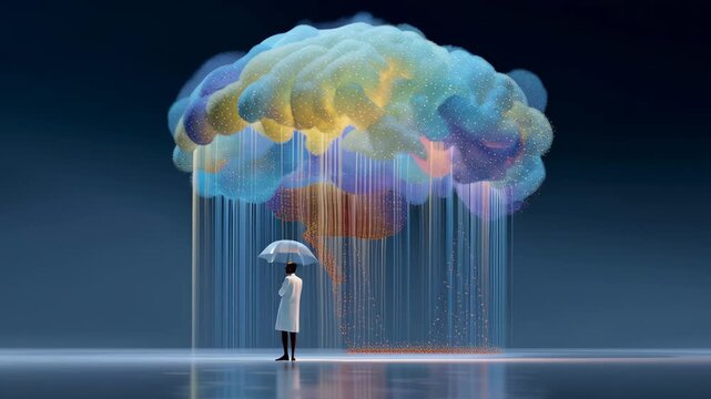 Colorful brain with beta amyloid patterns raining down umbrella symbolizes neurological study by scientist dark space rain