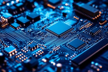 Obraz premium Close-up of intricate circuit board, blue and gold tones