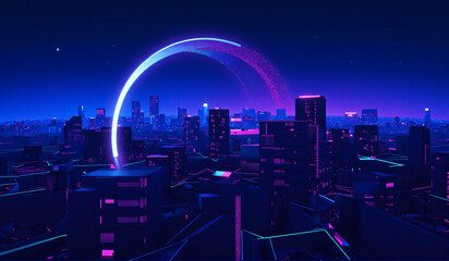 A futuristic city at night with a neon arch in the sky.