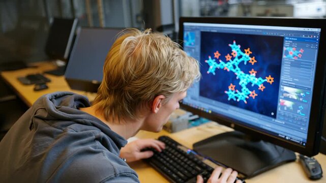 Scientist analyzing beta amyloid molecular structure on computer screen in modern laboratory environment focused on research
