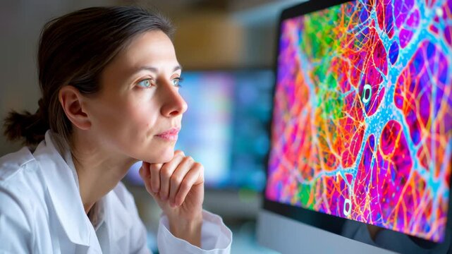 Scientist woman studying colorful beta amyloid brain scan and neural network patterns computer laboratory research environment