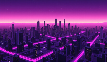 A futuristic city at night with a pink sky.
