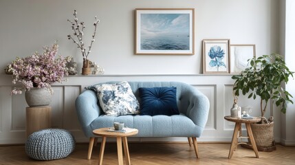 Cozy living room interior with mock up poster frame, boucle sofa, modern sculpture, stylish vase with flowering branches, blue pillow and personal accessories.