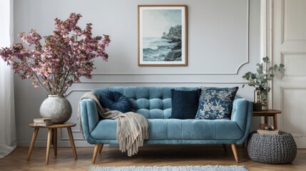 Naklejka premium Cozy living room interior with mock up poster frame, boucle sofa, modern sculpture, stylish vase with flowering branches, blue pillow and personal accessories.