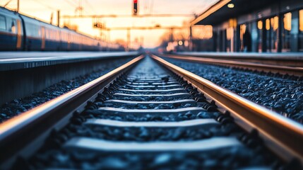 Fototapeta premium Close-up train tracks at a station at sunset