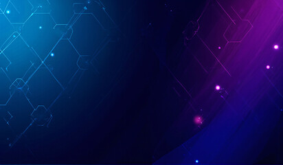 A dark blue and purple background with a pattern of hexagons.