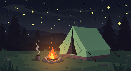 A tranquil evening at a forest campsite with a crackling campfire next to a tent under a beautiful starry night sky. Lofi Background 2D