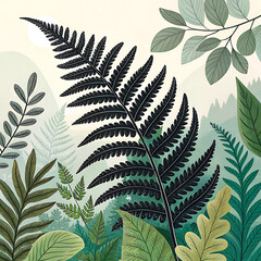 Dark fern frond amongst lush green forest foliage