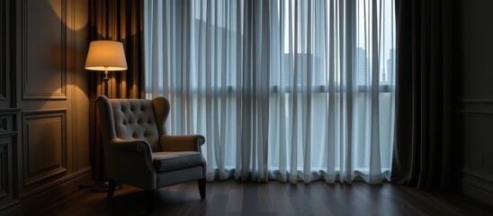 Cozy interior with a plush chair and soft lighting near sheer curtains.