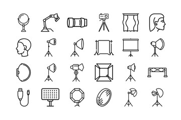 Photography Studio Equipment Vector Icon Set. Lighting, cameras, tripods, softboxes, reflectors, backdrops, and more. Editable stroke. Vector illustration for photographers.
