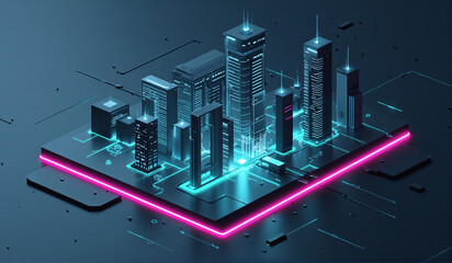 An illustration of a futuristic city with neon lights.