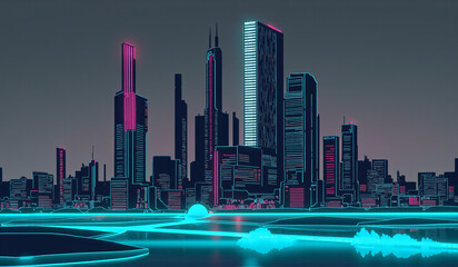 A city skyline at night with a fountain in the foreground.