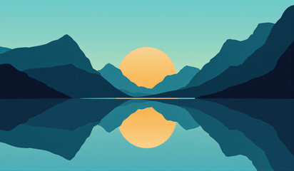 A painting of a sunset over a mountain range.