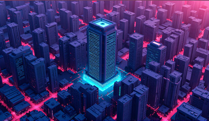 A rendering of a futuristic city at night.