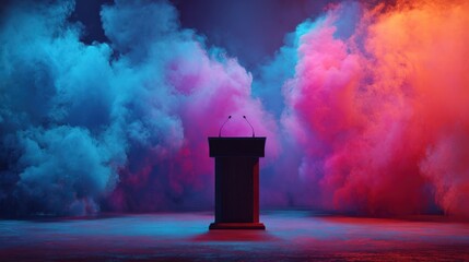 A dark podium stands center stage, bathed in vibrant blue and orange smoke, suggesting tension or debate