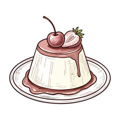 Delicious Panna Cotta Dessert with Cherry and Strawberry on a Plate for Menu Design