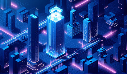 A futuristic city with neon lights in the middle of it.