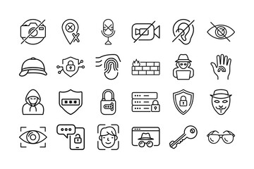 Privacy Vector Icon Set. Includes icons of camera restrictions, GPS, voice and video call blocking, ear, eye protection, hacker, secure server, biometric authentication, and more. Editable stroke.