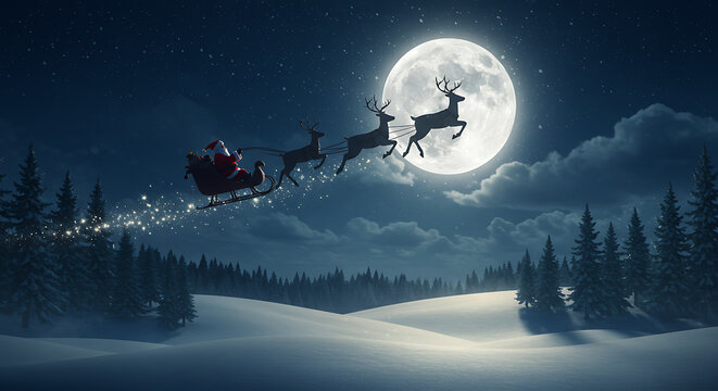 Santa Claus and reindeer fly across a full moonlit winter night scene - Powered by Adobe