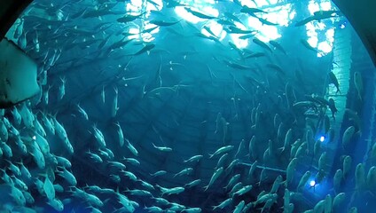 A mesmerizing underwater video of a dense school of fish circling inside a circular aquarium tunnel illuminated by deep blue light — ideal for marine, nature and aquarium projects.