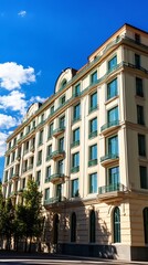Fototapeta premium Cream-colored building with balconies, teal trim, and blue sky
