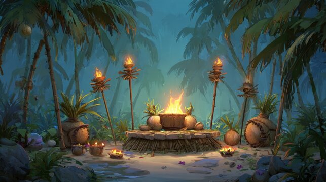 Tropical campfire scene with torches, lush palms