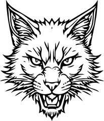 Detailed Cat Head Emblem - Strong Monochrome Line Art Vector Badge