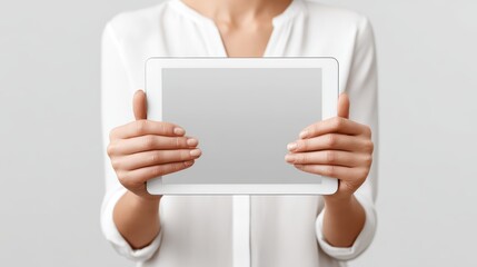 Woman holding tablet with blank screen, a versatile mockup for your digital needs